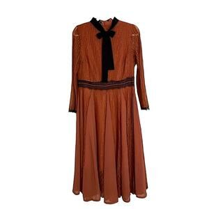 Tina Nordstrom Rust Orange Retro Black Lace Bow Midi Long Sleeve Dress Sz XL